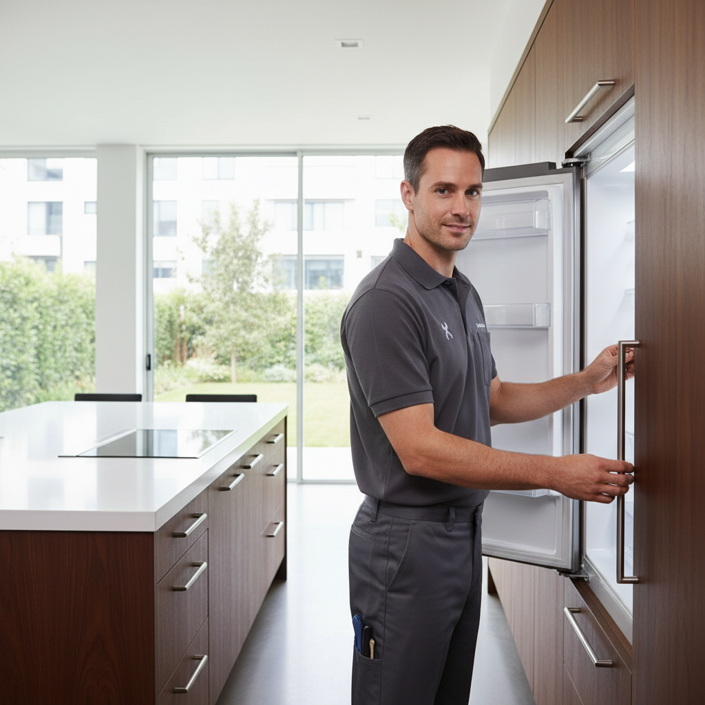 Professional appliance repair technician inspecting a built-in refrigerator